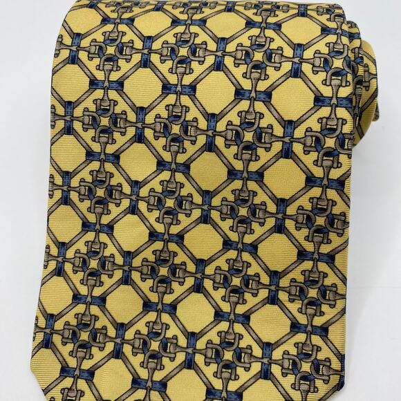 Claybrooke Men's Pure Silk Tie Necktie Yellow Horseshoe Geometric Barn Wedding - Picture 7 of 7
